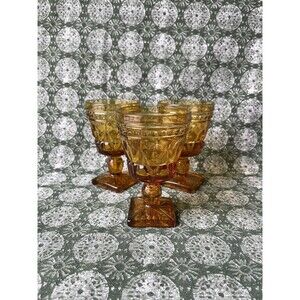 Vintage Indiana Glass Colony Park Lane Amber Water Goblet 4.5" Set of 3
